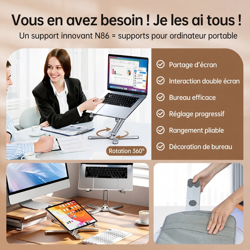 Support Ordinateur Portable Ergonomique — Pliable, Rotatif 360°, Aération