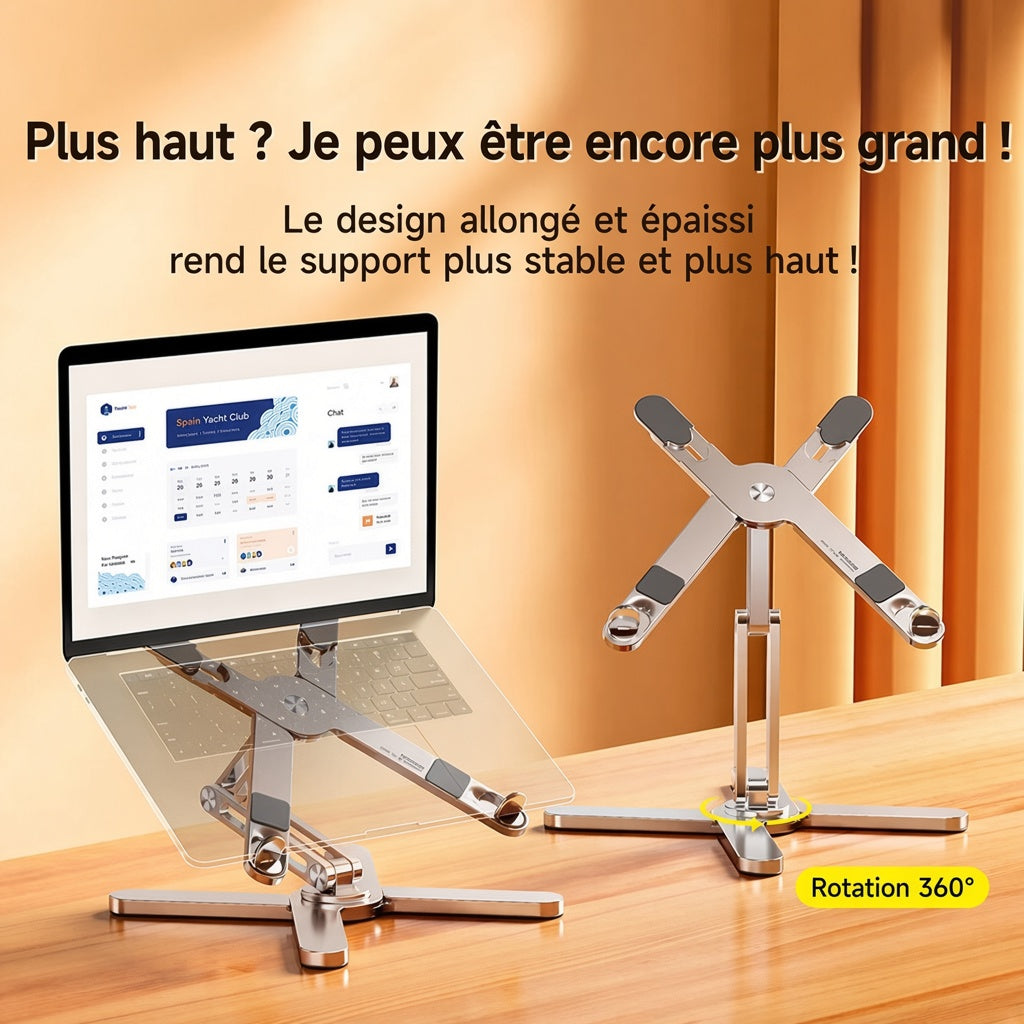 Support Ordinateur Portable Ergonomique — Pliable, Rotatif 360°, Aération