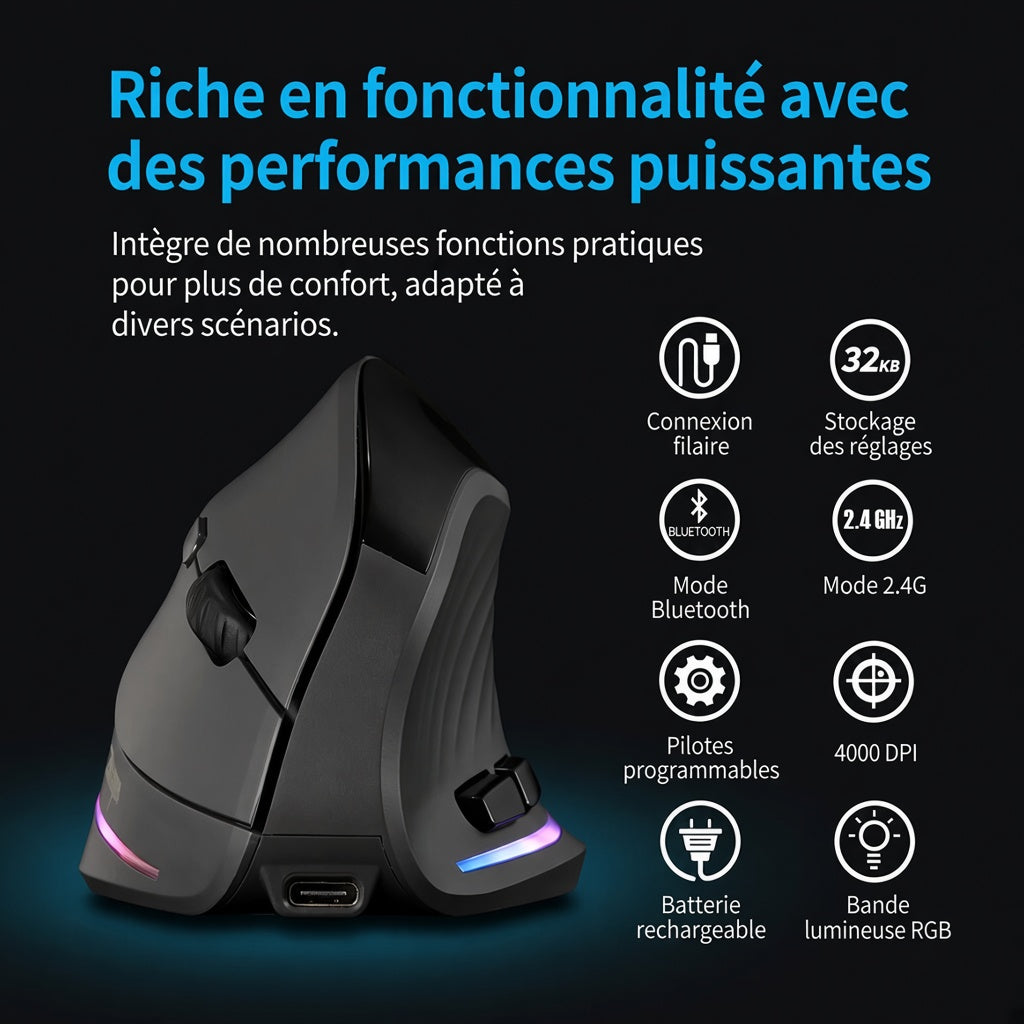 Souris Verticale Ergonomique Rechargeable – Confort Bureau & Gaming