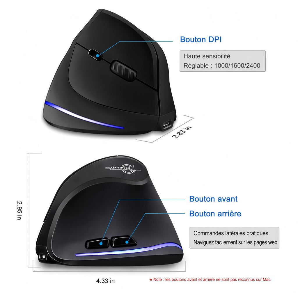 Souris Verticale Ergonomique Lefon F35 — Sans Fil, Rechargeable, 2400 DPI