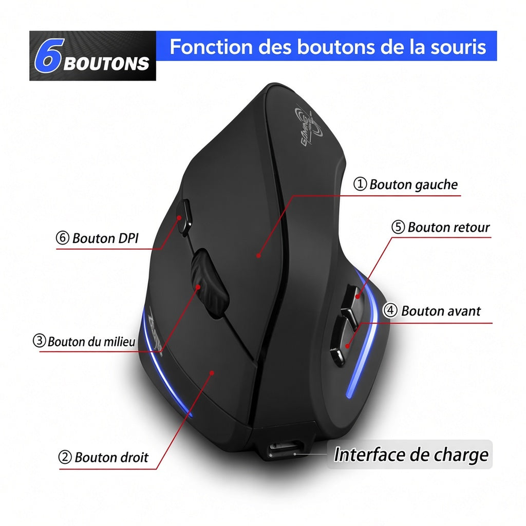 Souris Verticale Ergonomique Lefon F35 — Sans Fil, Rechargeable, 2400 DPI