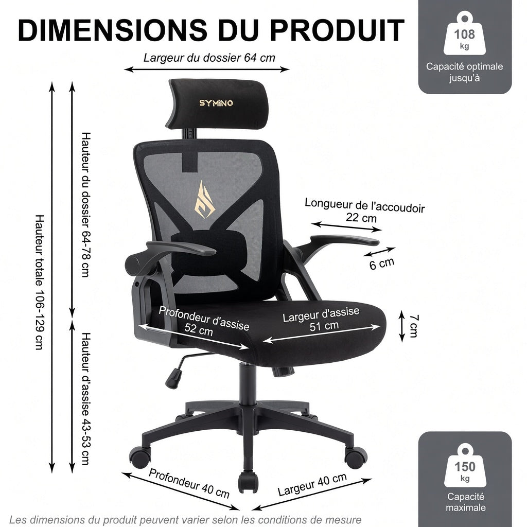 Chaise de Bureau Ergonomique Symino — Réglable, Support Lombaire, Pivotante