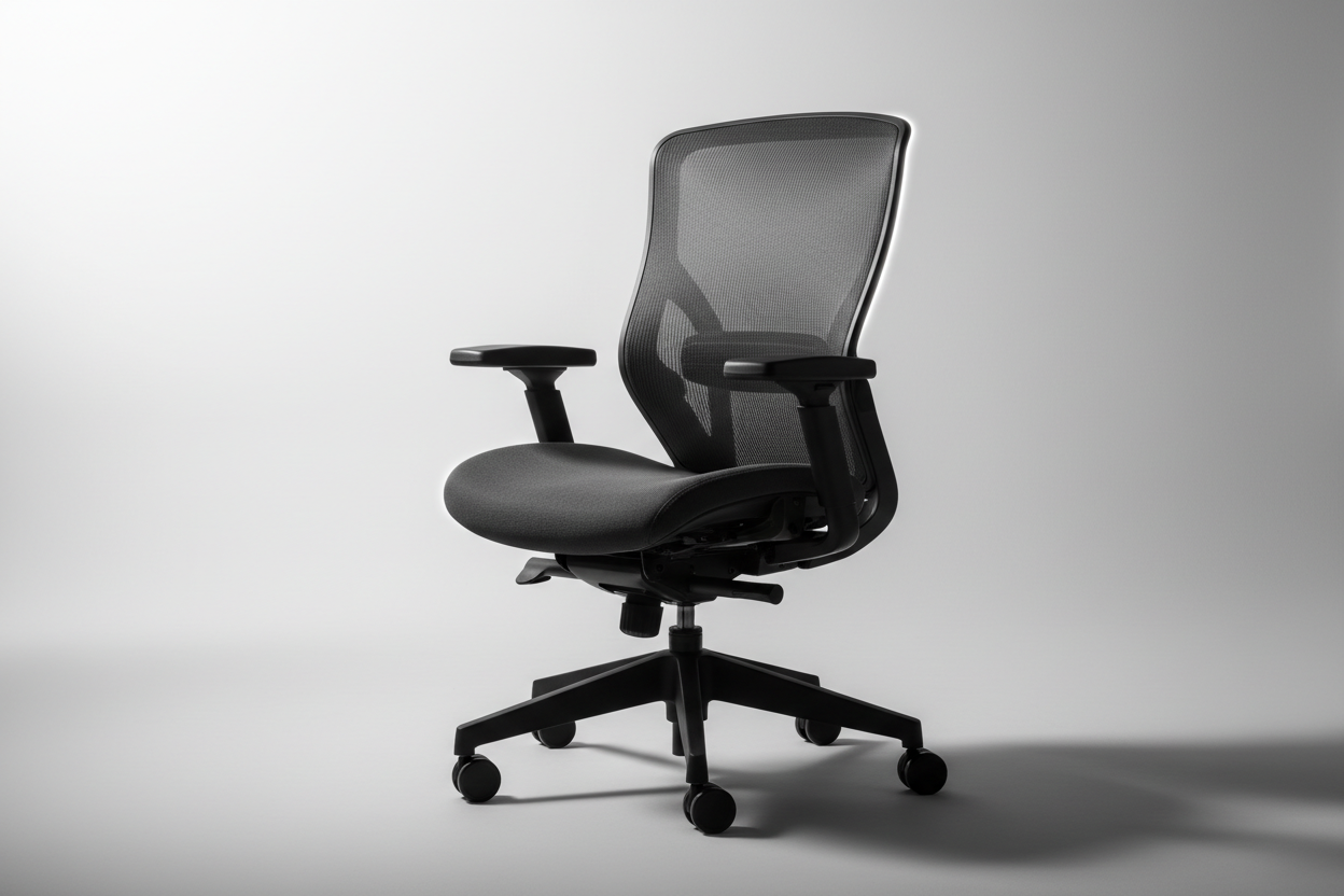 créé une image professionnelle pour une chaise ergonomique pour le héros de mon site shopify pour une boutique de matos ergonomique. n'hésite pas a jouer sur les lumière et réfléchie comme un cadreur professionel