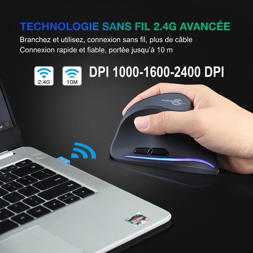 Souris Verticale Ergonomique Lefon F35 — Sans Fil, Rechargeable, 2400 DPI